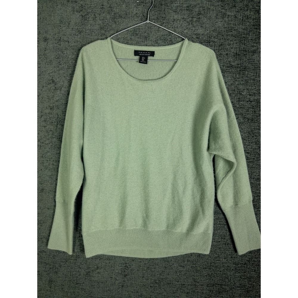 Tahari 100% 2 Ply Cashmere‎ Sweater Womens S Green Knit Pullover Ribbed